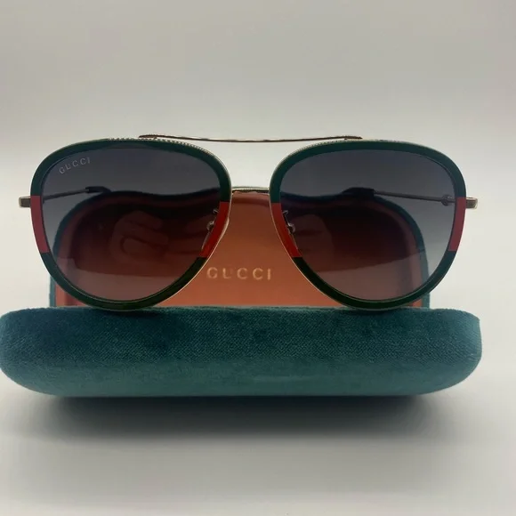 Gucci Gold Aviator Sunglasses with Green Velvet Case Gucci GG1220S Green Monogram Aviator Sunglasses – Designer  main image 4